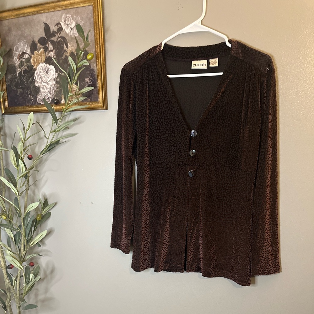 Chico’s Burnout Velvet Cardigan Brown Plum Textured Velvet Boho Peplum Top - Picture 4 of 9